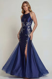 Navy Mermaid Embroidered Halter Satin Mother of the Bride Dress with Slit