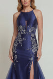 Navy Mermaid Embroidered Halter Satin Mother of the Bride Dress with Slit