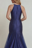 Navy Mermaid Embroidered Halter Satin Mother of the Bride Dress with Slit