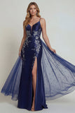 Navy Spaghetti Straps Sheath Applique Satin Mother of the Bride Dress with Slit