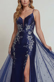 Navy Spaghetti Straps Sheath Applique Satin Mother of the Bride Dress with Slit