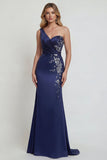 One Shoulder Navy Mermaid Mother of the Bride Dress with Embroidery
