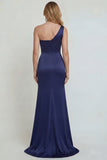 One Shoulder Navy Mermaid Mother of the Bride Dress with Embroidery