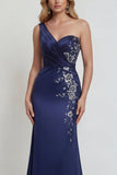 One Shoulder Navy Mermaid Mother of the Bride Dress with Embroidery