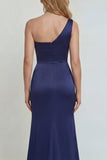 One Shoulder Navy Mermaid Mother of the Bride Dress with Embroidery