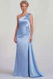 Blue One Shoulder Mermaid Appliqued Satin Mother of the Bride Dress with Slit