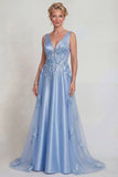 Blue Flower A Line Appliqued V Neck Satin Mother of the Bride Dress