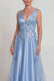 Blue Flower A Line Appliqued V Neck Satin Mother of the Bride Dress