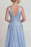 Blue Flower A Line Appliqued V Neck Satin Mother of the Bride Dress