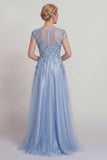 Blue Satin A Line Appliqued Lace Mother of the Bride Dress with Cap Sleeve