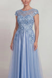Blue Satin A Line Appliqued Lace Mother of the Bride Dress with Cap Sleeve