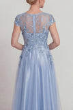 Blue Satin A Line Appliqued Lace Mother of the Bride Dress with Cap Sleeve