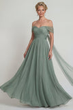 Off The Shoulder Chiffon A Line Dusty Sage Mother of the Bride Dress with Streamer