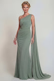 Dusty Sage Mermaid Chiffon One Shoulder Mother of the Bride Dress with Side Cape