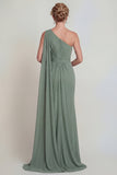 Dusty Sage Mermaid Chiffon One Shoulder Mother of the Bride Dress with Side Cape