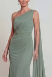 Dusty Sage Mermaid Chiffon One Shoulder Mother of the Bride Dress with Side Cape