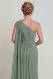 Dusty Sage Mermaid Chiffon One Shoulder Mother of the Bride Dress with Side Cape