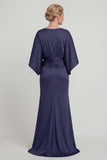 Navy Sheath V-Neck Half Sleeves Long Mother of the Bride Dress with Pockets