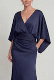 Navy Sheath V-Neck Half Sleeves Long Mother of the Bride Dress with Pockets