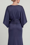 Navy Sheath V-Neck Half Sleeves Long Mother of the Bride Dress with Pockets