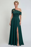 Dark Green One Shoulder A Line Appliqued Mother of the Bride Dress with Slit