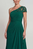One Shoulder Dark Green Chiffon A Line Long Mother of the Bride Dress