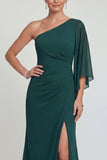 Dark Green Chiffon Mermaid One Shoulder Long Mother of the Bride Dress with Slit