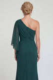 Dark Green Chiffon Mermaid One Shoulder Long Mother of the Bride Dress with Slit