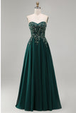 Dark Green Strapless A-Line Floral Beaded Long Formal Dress