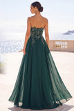 Dark Green Strapless A-Line Floral Beaded Long Formal Dress