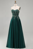 Dark Green Strapless A-Line Floral Beaded Long Formal Dress