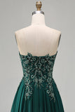 Dark Green Strapless A-Line Floral Beaded Long Formal Dress