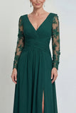 Dark Green A Line Long Sleeves Appliqued Mother of the Bride Dress with Slit