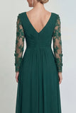 Dark Green A Line Long Sleeves Appliqued Mother of the Bride Dress with Slit