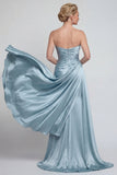 Blue Ruched Strapless Mermaid Long Satin Mother of the Bride Dress with Cape