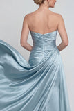 Blue Ruched Strapless Mermaid Long Satin Mother of the Bride Dress with Cape
