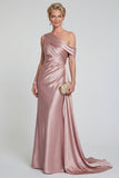 Mermaid Blush One Shoulder Ruched Satin Long Mother of the Bride Dress