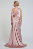 Mermaid Blush One Shoulder Ruched Satin Long Mother of the Bride Dress