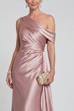 Mermaid Blush One Shoulder Ruched Satin Long Mother of the Bride Dress