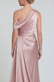 Mermaid Blush One Shoulder Ruched Satin Long Mother of the Bride Dress