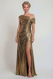 Metallic Golden Ruched Sheath One Shoulder Mother of the Bride Dress with Slit