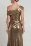 Metallic Golden Ruched Sheath One Shoulder Mother of the Bride Dress with Slit