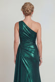 Metallic One Shoulder Dark Green Mermaid Long Mother of the Bride Dress with Slit