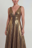 Golden A Line Metallic V Neck Long Mother of the Bride Dress
