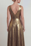 Golden A Line Metallic V Neck Long Mother of the Bride Dress