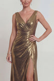Golden Sheath Ruched Metallic Satin Mother of the Bride Dress with Slit