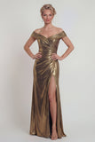 Off The Shoulder Metallic Golden Sheath Satin Mother of the Bride Dress with Slit