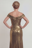 Off The Shoulder Metallic Golden Sheath Satin Mother of the Bride Dress with Slit