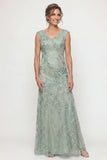Green Embroidered A Line V Neck Long Mother of the Bride Dress with Sequins