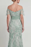 Off The Shoulder Green Mermaid Sequin Mother of the Bride Dress with Embroidery